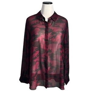 Lane Bryant Sheer Red&Black Camo Print Button Up Shirt With Back Slit Size 18/20
